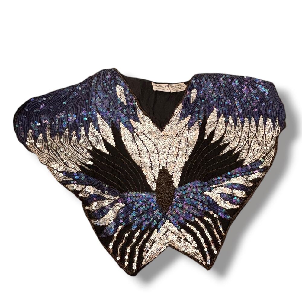 Vintage Scala Silk Sequin Beaded Butterfly Blouse Art Deco Black Blue Evening